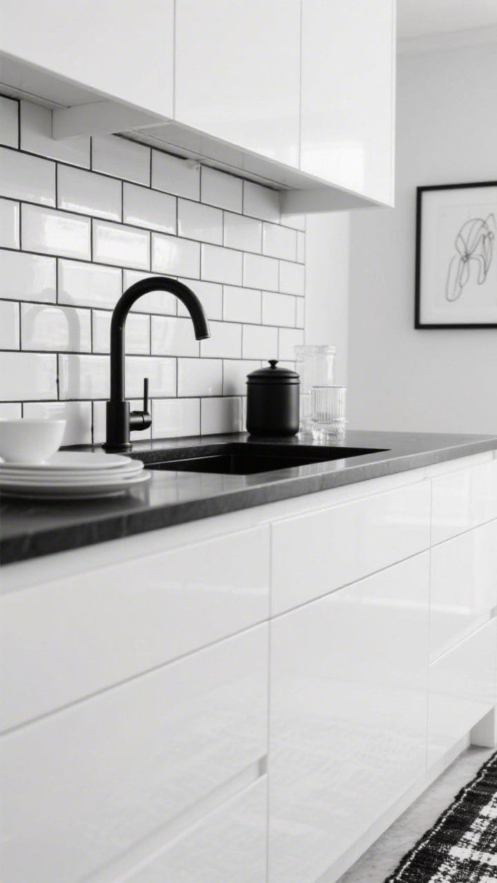 Detail closeup, High-Contrast Monochrome Gallery: glossy white subway tiles with jet-black grout lines in crisp focus, matte black faucet arching over a thin black countertop edge against bright white cabinetry, styled black canister beside clear glass and white dinnerware, low-pile black-and-white runner peeking at frame edge, hint of framed line-drawing from mini gallery wall blurred in background; sharp graphic contrast, editorial clarity, photorealistic.
