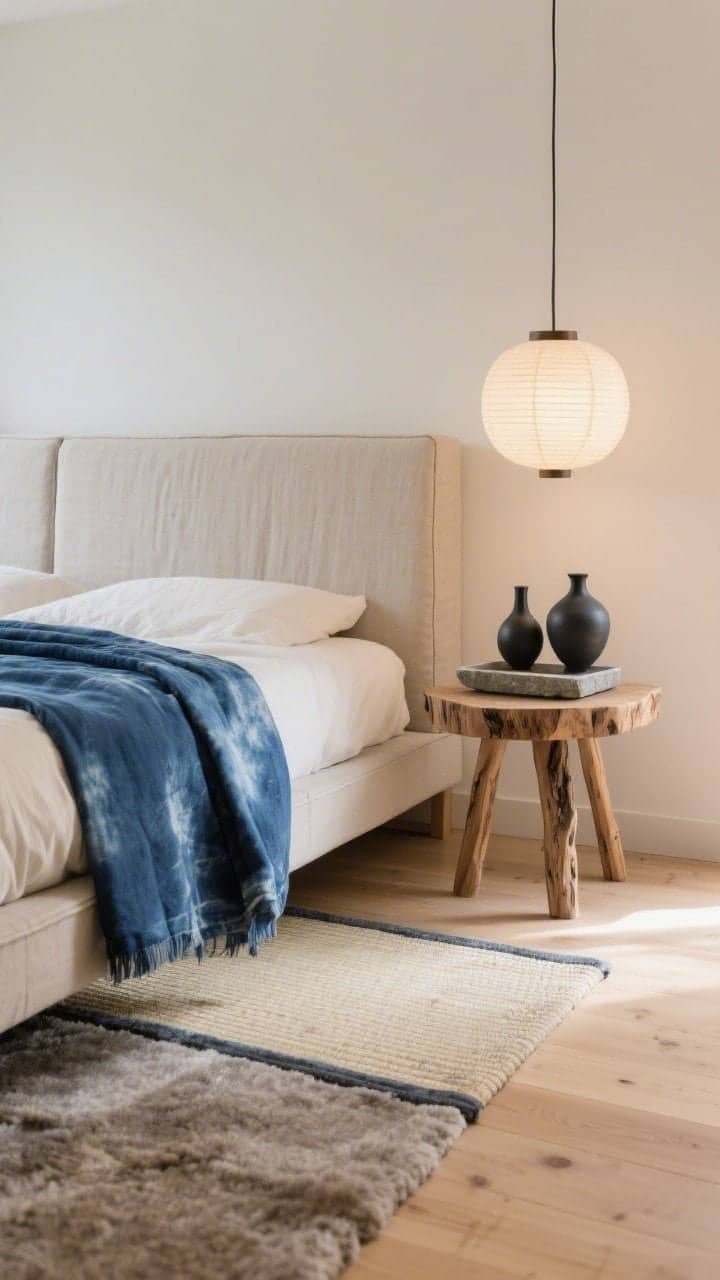 Detail/closeup, Japandi Calm Burst: low futon-style platform bed with a simple linen headboard cover on pale oak floors; focus on a hand-dyed indigo textile folded across neutral bedding as the vivid accent; live-edge stool nightstand with subtly tapered legs holding a stone tray with two black clay vases; soft paper lantern pendant light glowing nearby; tatami-inspired rug weave layered over wool felt visible underfoot; off-white walls with warm undertone; serene, tactile materials, natural morning light, photorealistic.