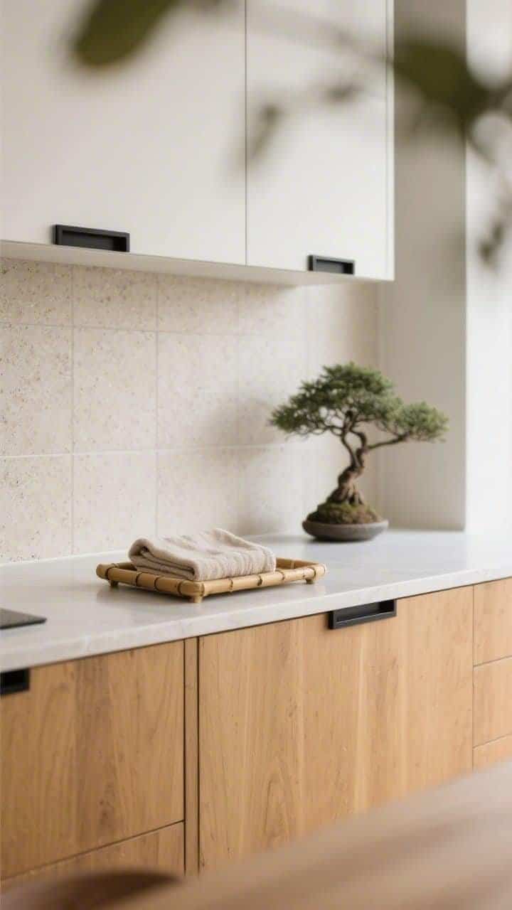 Detail closeup, Japandi Minimal Warmth: flat-front wood-look lower cabinet in honey tone meeting a crisp white upper cabinet seam, matte black minimal hardware, microcement-look peel-and-stick backsplash texture in focus, thin-profile countertop edge, a bamboo tray with natural linen hand towel neatly folded, single bonsai nearby softened in background bokeh; soft beige and white palette, zen studio meets artisan café, diffused natural light, photorealistic.