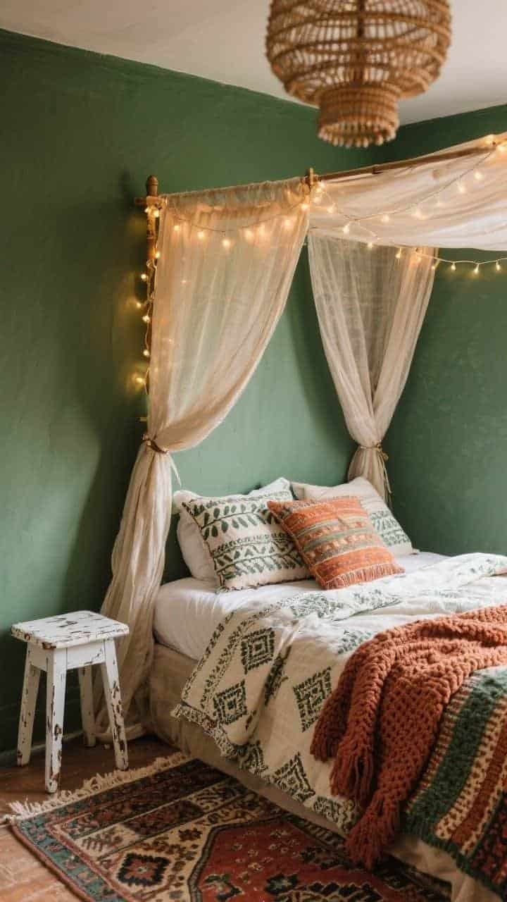 Detail closeup of a vintage boho nook’s layered patterns: corner of a bed under a canopy of gauzy drapes attached to simple ceiling hooks; muted moss green wall backdrop; vintage Turkish rug layered diagonally visible at the edge; textiles mix includes a block-printed duvet, embroidered shams, and a chunky crochet throw, all in earth tones of rust, ochre, and sage; warm twinkle from fairy lights draped along the canopy edge; hints of a painted cream stool nightstand with chipped finish and a rattan or beaded pendant overhead bokeh; cozy, collected vibe; photorealistic, shallow depth of field.