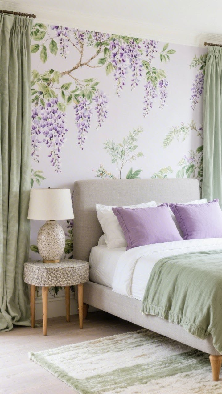 Detail closeup of a wisteria botanical wallpapered feature wall with pale purples and greens; adjacent stone-colored upholstered bed with light oak feet partially visible; linen drapes in sage pooling softly; bed styled with lilac euro shams; edge of a sage-and-ivory low-pile rug peeking in; ceramic table lamp with a textured base on a nearby nightstand; soft diffused daylight, tactile focus.