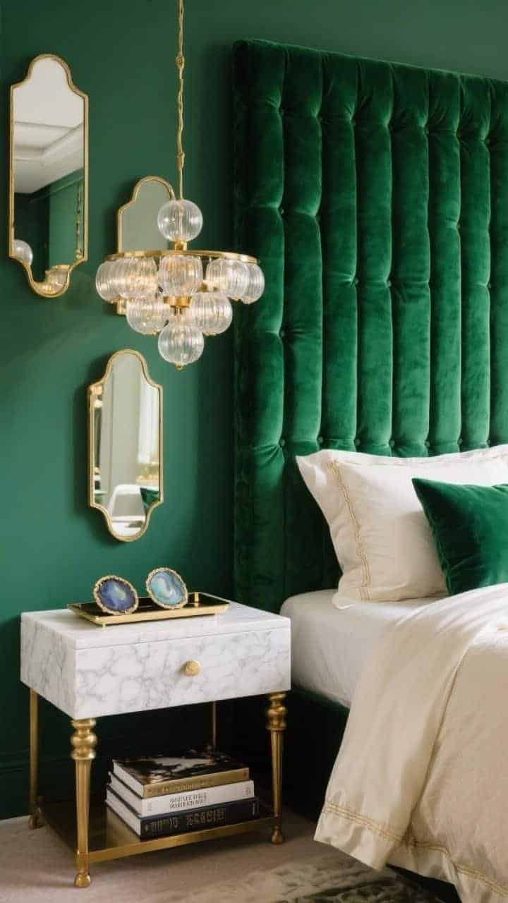 Detail closeup of emerald glam bedside vignette: rich emerald wall and matching tall channel-tufted velvet headboard create an enveloping backdrop; a white marble nightstand with a brass base holds agate coasters and a lacquered tray beside a small stack of glossy coffee-table books; mirrors with delicate brass frames reflect a soft glow from an off-frame statement chandelier with frosted globes; bedding peeks in with silk-like sateen sheets, cream duvet, and emerald shams; luxurious, polished mood, photorealistic.