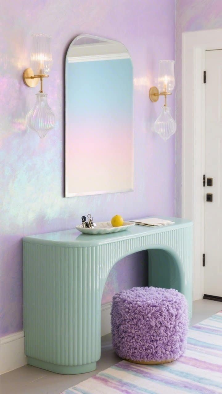 Detail closeup, Opalescent entryway. Oyster-lilac shimmer paint on walls reflecting soft light. A curved mint lacquer console with ribbed sides, topped with a lemon ceramic catchall tray for keys and mail. Above, a pastel ombré mirror fading from blush to sky. Watercolor-striped runner leading away in soft focus. A sculptural trio of frosted-glass sconces casting an even glow, and lavender boucle pouf tucked neatly beneath the console. Iridescent, jewel-box feel, straight-on vignette.