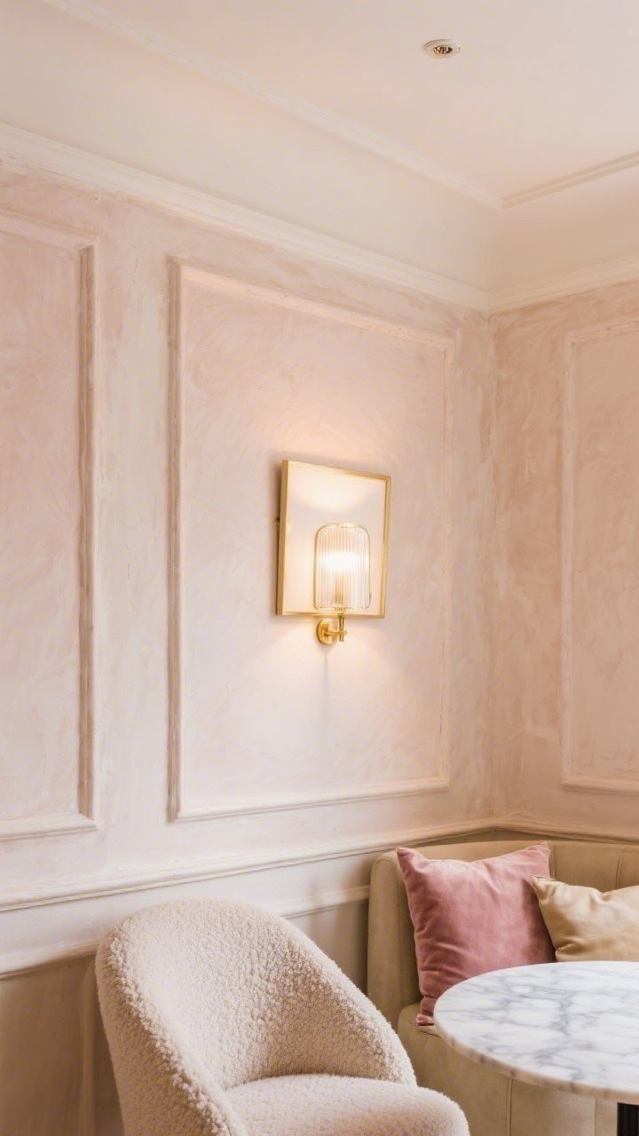 Detail closeup, Parisian Plaster Glow: a luminous wall section finished in blush-beige limewash/plaster-effect paint catching soft light, with flat pearl white ceiling above to “lift”; a slim brass flush-mount with frosted glass just in frame; picture light casting a warm glow across upper walls; thin crown molding painted to match the ceiling; edge of a curved bouclé chair and a marble-top bistro table visible; hints of velvet pillows in dusty rose and champagne; elegant, romantic mood, photorealistic, shallow depth of field.