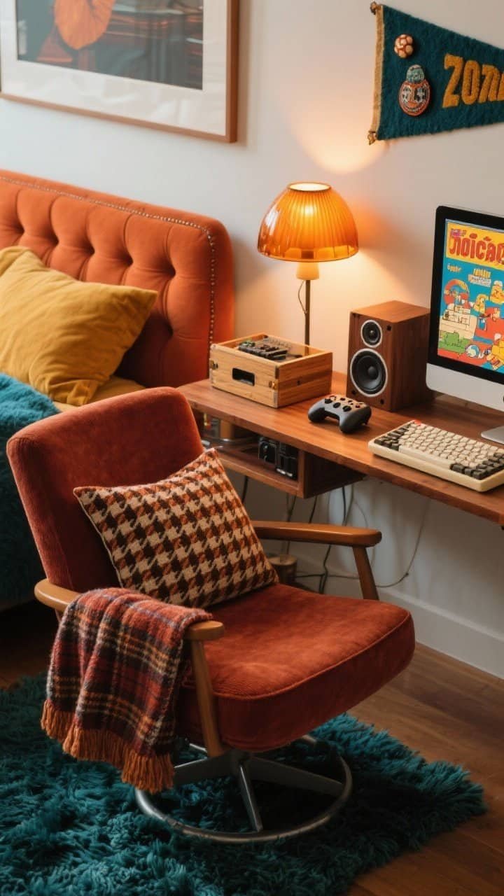Detail closeup: Retro analog lounge textiles and tech vignette; rust corduroy swivel barrel chair arm, tufted headboard edge in background, shag rug fibers, plaid/houndstooth throw pillow; low walnut desk corner with mushroom table lamp glowing warmly, amber glass sconce light reflecting; wood-trimmed speakers flanking a monitor with warm backlight; retro-styled mechanical keyboard keycaps, record crate as a side table holding controllers; framed vintage game cover edge and felt pin banner partially in frame; warm 70s palette of burnt orange, mustard, deep teal; weighted knit throw draped on chair; cozy, nostalgic, photorealistic.