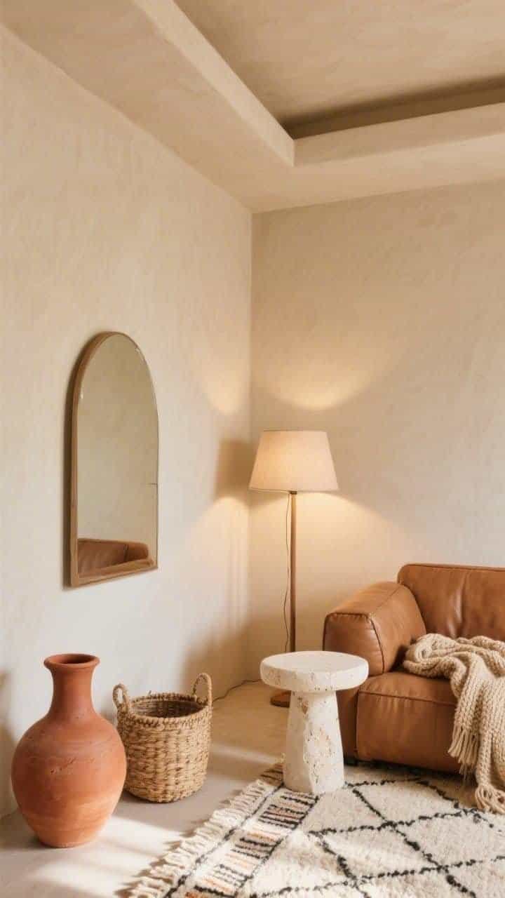 Detail/texture shot, Desert Modern Air: close view of a corner showing a soft ecru-painted ceiling meeting sand-toned wall; warm, sun-washed palette with terracotta and clay accents; uplight floor lamp casting a gentle glow upward with a micro-profile ceiling flush barely visible; arched mirror nudging the eye up; edge of a low camel leather sofa, plaster-look pedestal side table; cream Berber rug with high/low pile texture; terracotta vessels, woven basket, chunky sandstone knit throw; soft, diffuse daylight, photorealistic, overhead-angled crop focusing on materials and light.