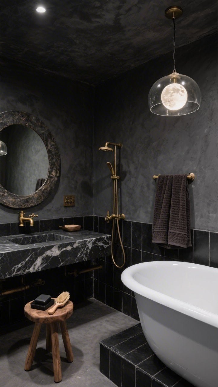Detail-to-medium bath view, Obsidian Bath Retreat: microcement charcoal walls and ceiling; black stone vanity with storm-cloud veining; freestanding enamel tub on a slightly raised platform of matte black tile; smoked glass pendant above glowing like a moon, reflecting in a round antiqued mirror rimmed in brushed brass; aged brass taps and exposed shower pipe; thick charcoal towels and an espresso waffle robe; teak stool with black soap and a cedar bath brush; spa-like after-dark ambiance, soft pooled lighting.