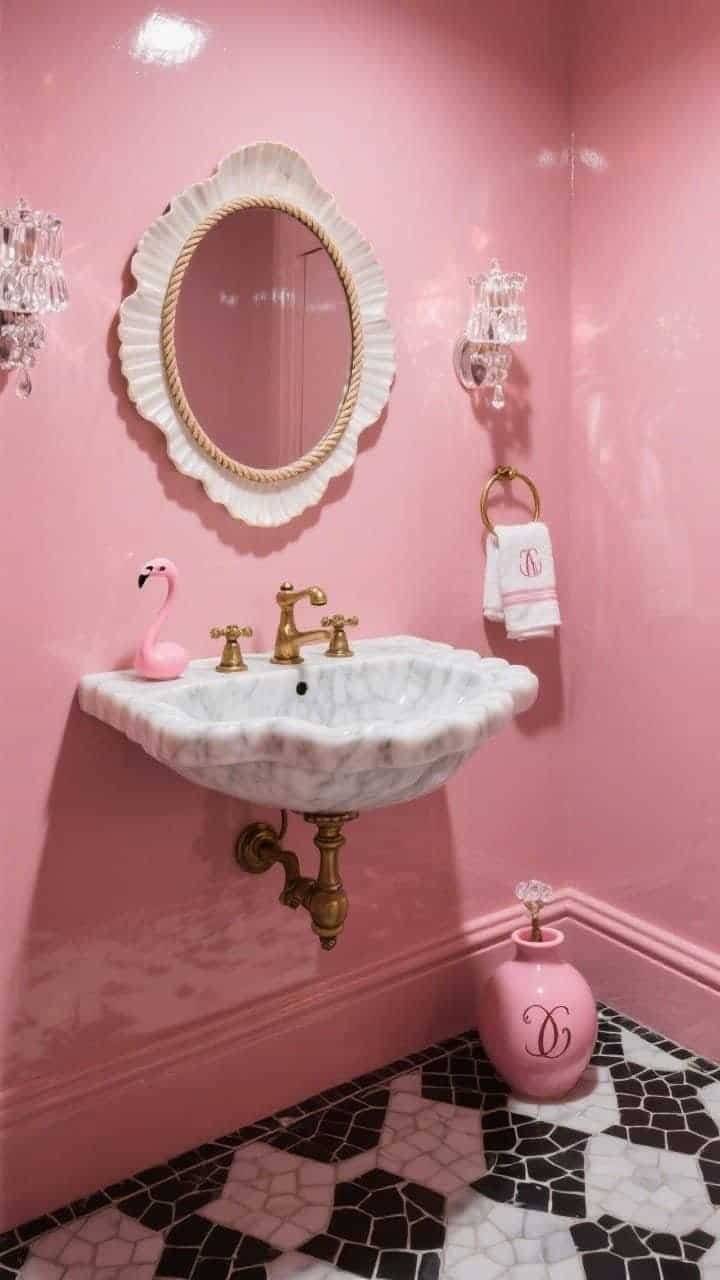 Detail vanity shot — Flamingo-pink lacquered powder room walls gleaming; scalloped white marble sink with antique brass faucets; a sculptural statement mirror with shell or rope detailing; petite wall-mounted crystal sconces sparkling; black-and-white mosaic tile floor grounding the shine; tiny pink vase and monogrammed hand towels; dramatic, glossy lighting, photorealistic.