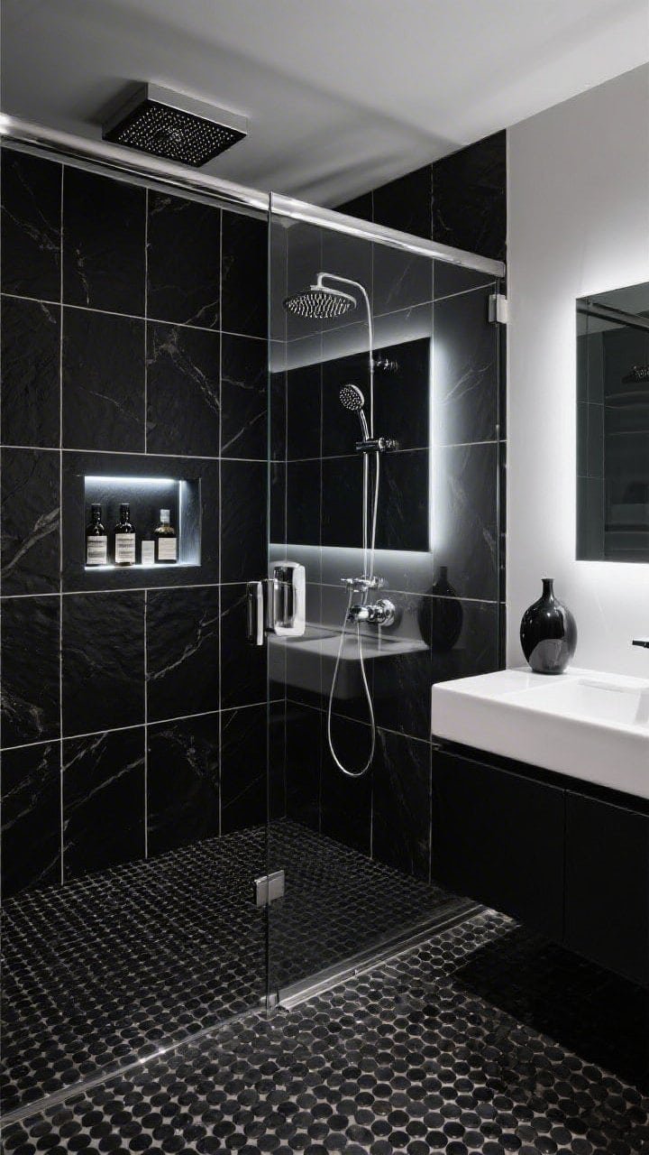 Dramatic medium shot, straight-on: A monochrome luxe shower wrapped in black slate-look porcelain with crisp white grout lines for high contrast. Frameless glass door set into a low-profile chrome channel, reflecting high-shine chrome fixtures—square rain head, thermostatic valve, and a magnetic handheld dock. Floor in black penny round mosaic with white grout for traction and visual punch. Niche illuminated by a tiny integrated LED strip that spotlights bottles and bounces light off the dark tile. In view: a crisp white vanity, a backlit mirror, and a single black vase; sleek hotel-like ambiance with balanced highlights and deep shadows.
