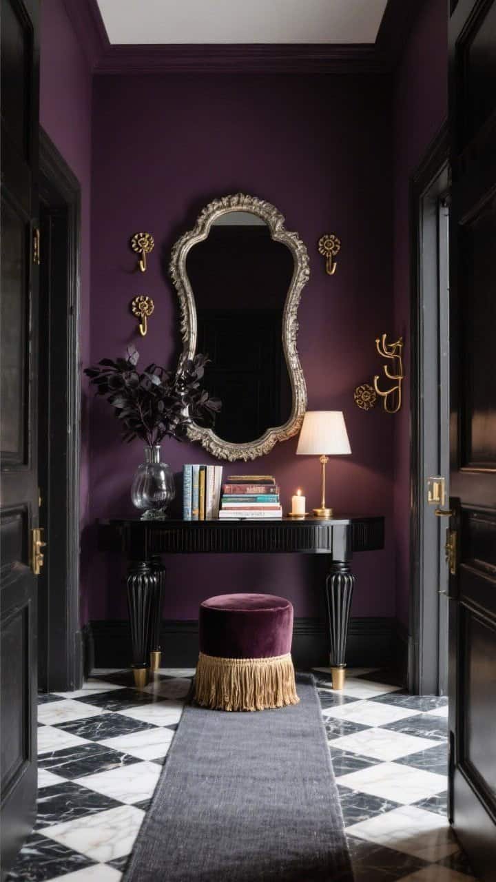 Entryway, straight-on, Midnight Entry With Mirror Theater: inky plum walls; black-and-white marble checkerboard floor softened by a narrow runner in charcoal and cream; grand foxed mirror leaning above a black lacquer console with fluted legs; console styled with stacked art books, smoky glass vase with dark foliage, petite alabaster lamp emitting low buttery light; burnished brass hooks with deco rosettes; petite velvet stool in raisin with bullion fringe; a lit vetiver candle hinting scent; cinematic first impression.