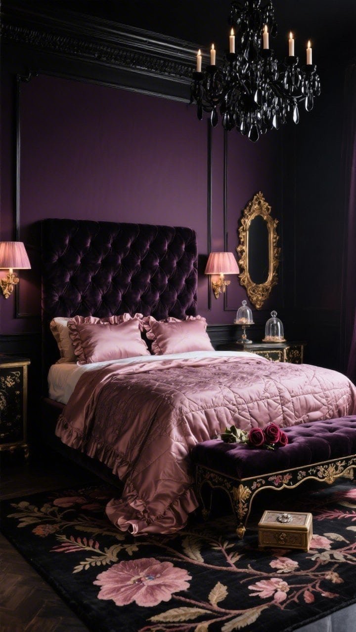 Intimate medium shot from the foot of the bed in a dark romance bedroom: deep aubergine walls with glossy black crown molding, a towering channel-tufted blackberry velvet headboard making the bed feel like a throne; painted chinoiserie bench at the foot atop an inky rug with oversized botanical motifs; layered bedding with silk charmeuse pillowcases, a ruffled quilt in smoky rose, and a plush velvet coverlet; jet-black crystal chandelier and candle-style sconces with blush silk shades casting moody, warm light; accents of baroque gold mirrors, tiny glass cloches with dried roses, and an heirloom-style jewelry box; palette of aubergine, black, oxblood, dusky rose, antique gold; photorealistic, romantic and dramatic.