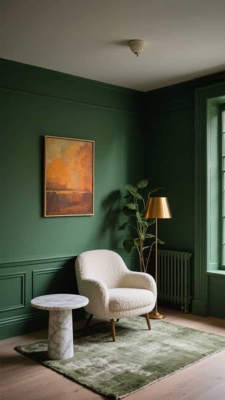 Intimate reading nook, medium shot from a slight corner angle: walls, trim, and radiator all painted deep moss green for a monochrome envelope; a curved boucle chair in soft ivory; petite round marble side table; slender floor lamp with a glossy shade in warm brass accent; a single oversized oil painting in warm amber tones hung on the wall; thick wool rug under just the chair; one tall plant softening the corner; open floor around the setup, simple ceiling light out of frame; rich, saturated color with gentle, moody lighting; photorealistic.