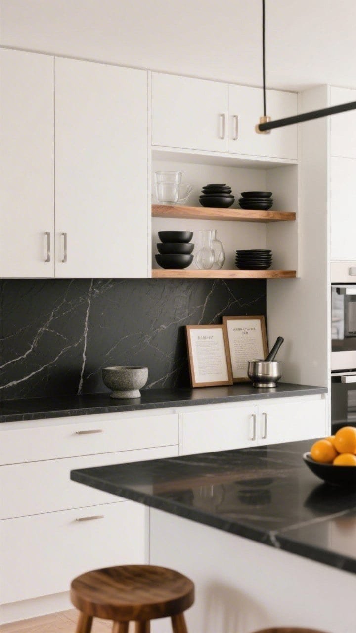 Kitchen detail shot, straight-on at counter height: flat-front white cabinets with black stone countertops and brushed stainless hardware; an open shelf nook displaying a curated set of matte black ceramics, clear glass pieces, warm oak accents, and one accent metal (soft silver); stacked bowls, a mortar-and-pestle, two small framed recipe prints leaned against the backsplash, and a bowl of fresh citrus; backless warm wood stools partially visible at the island; low-profile linear pendants above, balanced, clean composition; photorealistic materials and reflections.