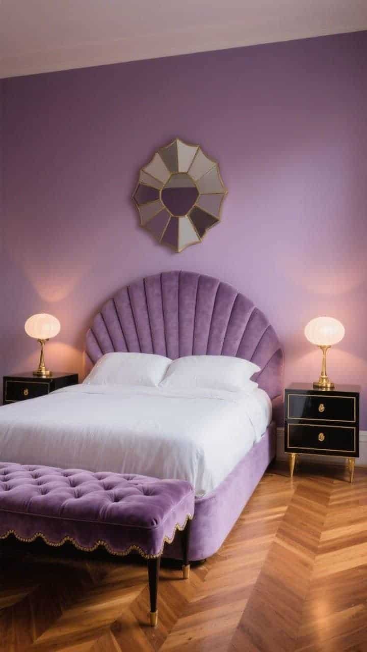 Medium Art Deco scene: soft amethyst wall color behind a curved upholstered headboard in dusty purple; black-trim nightstands with brass pulls flanking the bed; opaline globe lamps glowing; scalloped velvet bench at the foot; chevron warm wood floors; geometric mirror centered above the headboard; evening ambient light with slight gleam on lacquered surfaces; angled, glam and buoyant.