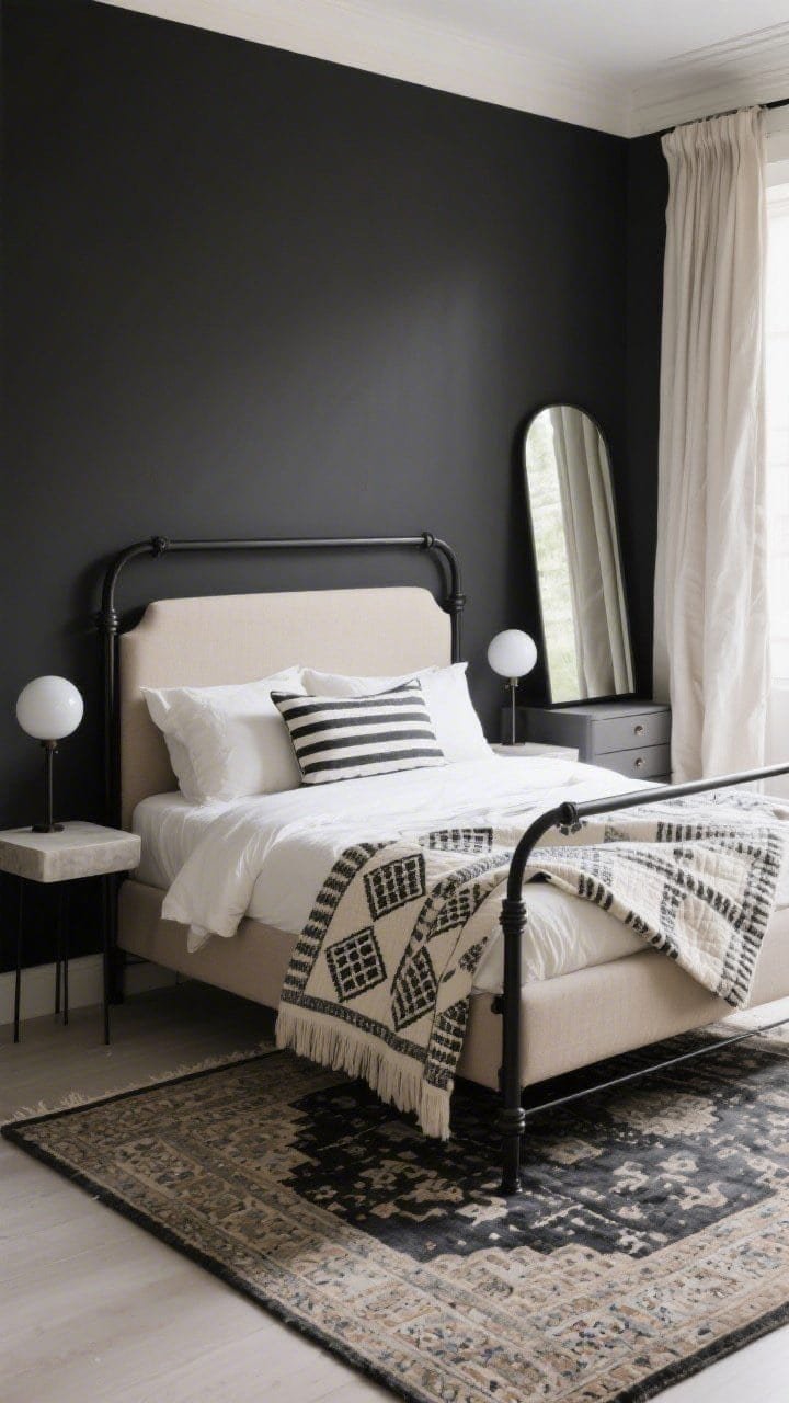 Medium bedroom shot: monochrome charcoal-and-cream palette; simple black metal bed frame with oatmeal upholstery; layered textiles do the talking—Persian-style rug underfoot, striped Euro shams against crisp cream bedding, a block-printed quilt folded at the foot; floating nightstands with sleek sphere lamps; linen drapes pooling slightly on the floor; one large floor mirror leaning against the wall; no dressers visible—open, breathable composition with soft, diffuse morning light; photorealistic textile textures.