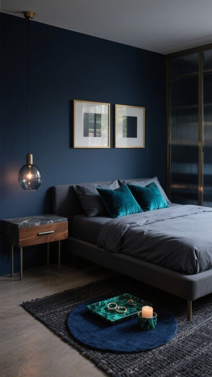 Medium corner angle, Midnight Linen: moody bedroom scene with inky navy walls and a low charcoal platform bed; slate sheets with a peacock velvet pillow trio adding saturated jewel tones; a floating walnut nightstand with slim gunmetal handles; narrow ribbed-glass wardrobe partially visible; a smoked glass pendant hovering over a dark stone side table; a single diptych art piece with ample negative space in a restrained brass frame; layered rugs: flatweave charcoal base with a small round midnight-blue accent rug at the bedside; one malachite-pattern marbled tray holding rings and a candle; low, cocooning evening lighting with subtle reflections in glass, photorealistic.