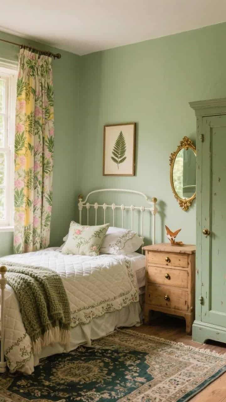 Medium corner-angle view of a cozy cottage bedroom with muted herb green walls; a creamy antique-white painted iron bed frame layered with quilted bedding, embroidered cushions, and a knitted throw in moss and cream; full-length botanical print curtains tie in greens with soft pinks and butter yellows; a vintage Persian-style rug underfoot; a pine dresser with aged brass knobs and a painted wardrobe in muted moss; art includes framed pressed ferns and a gilded foxed-glass mirror; warm morning light, nostalgic vintage charm, photorealistic.