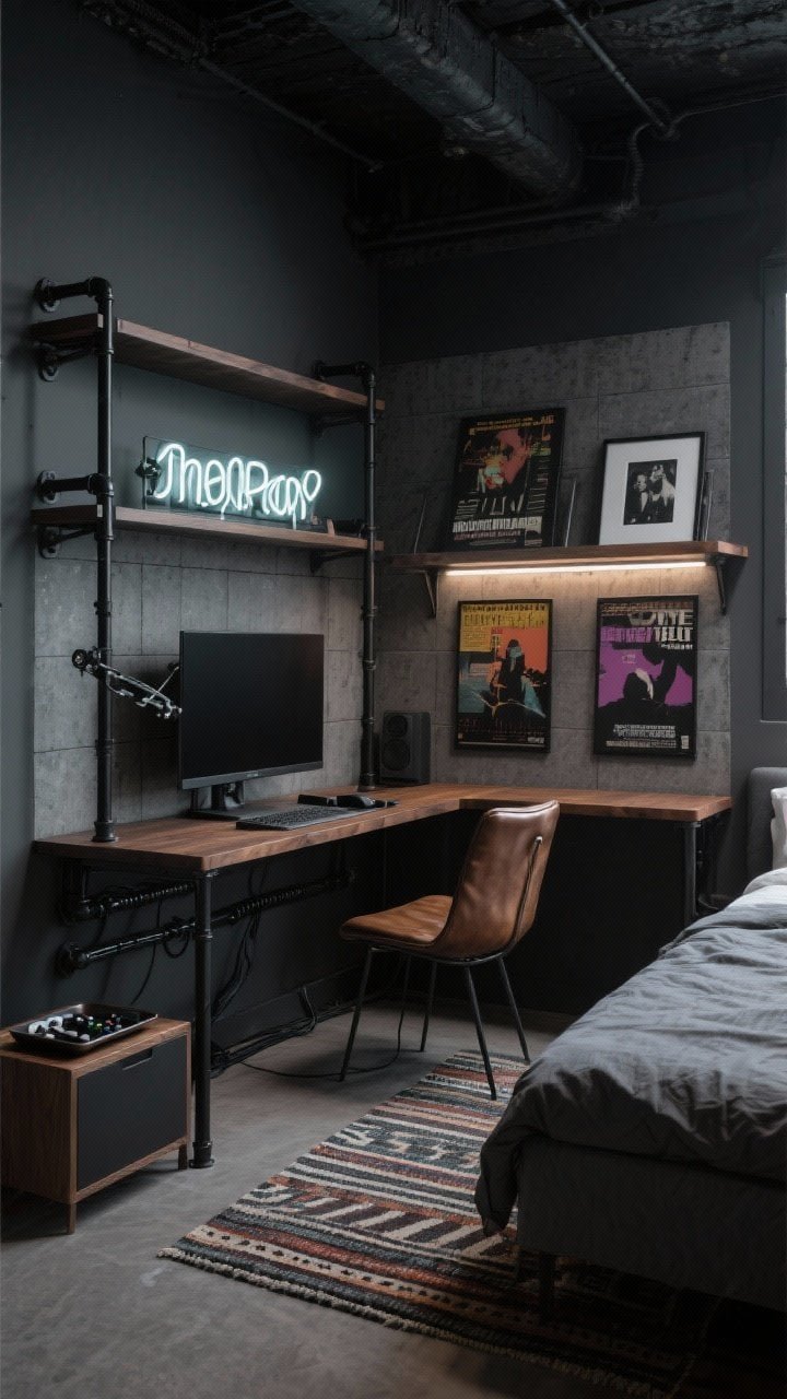 Medium corner shot: Urban loft capsule with charcoal walls, matte black metal shelving made from pipe over a narrow desk, walnut accents, concrete-look peel-and-stick panels behind the desk; leather-look armless chair that slides fully under the desk; one neon word sign over the bed glowing, slim floor uplight behind the monitor, LED strips inside shelving; vintage concert posters in simple black frames, striped kilim rug, tray on nightstand corralling controllers; 32–38" monitor on a gas arm with a compact soundbar tucked under; black cable raceways running cleanly along the wall; moody, industrial atmosphere, nighttime photorealism.
