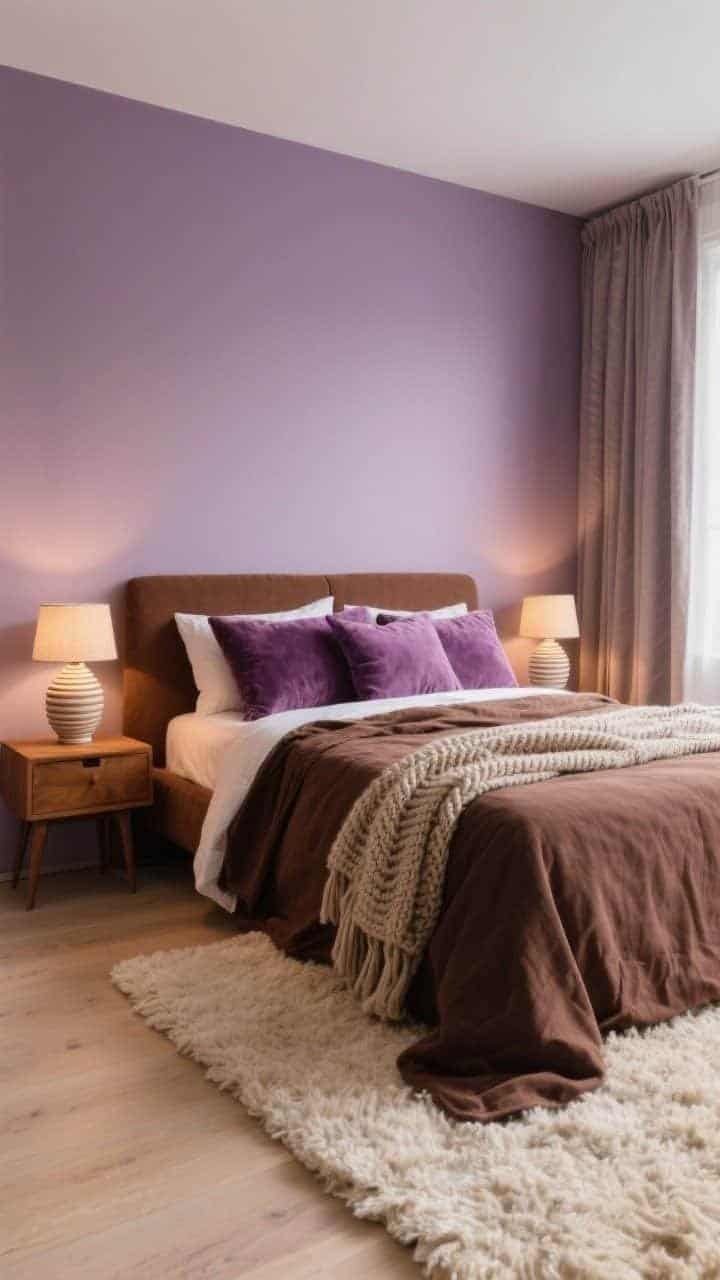 Medium cozy vignette: dusty purple walls with cocoa-brown accents; chocolate linen bedspread layered with mauve velvet pillows; cream shag rug underfoot; ribbed ceramic lamps on walnut bedside tables casting a warm glow; light floors and light curtains preventing heaviness; a knitted throw casually draped at the foot of the bed; corner angle, intimate and textural.