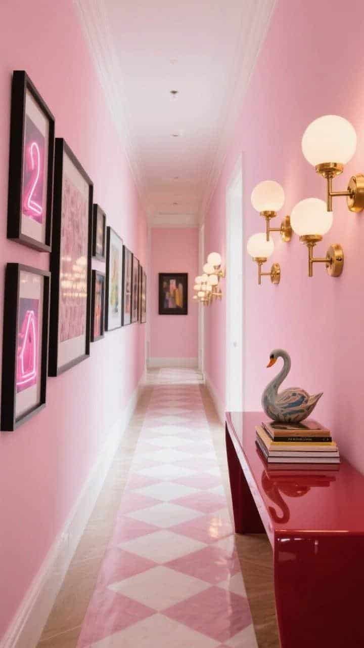 Medium hallway view — Bubblegum-pink walls with a soft pink and ivory checkerboard runner stretching down a gallery hall; salon-style gallery wall of black frames featuring neon-accented prints; cluster of brass opal globe sconces along the corridor; a cranberry lacquered console styled with a ceramic swan vase and stacked glossy art books; clean straight-on perspective, evenly lit with warm sconces, photorealistic.