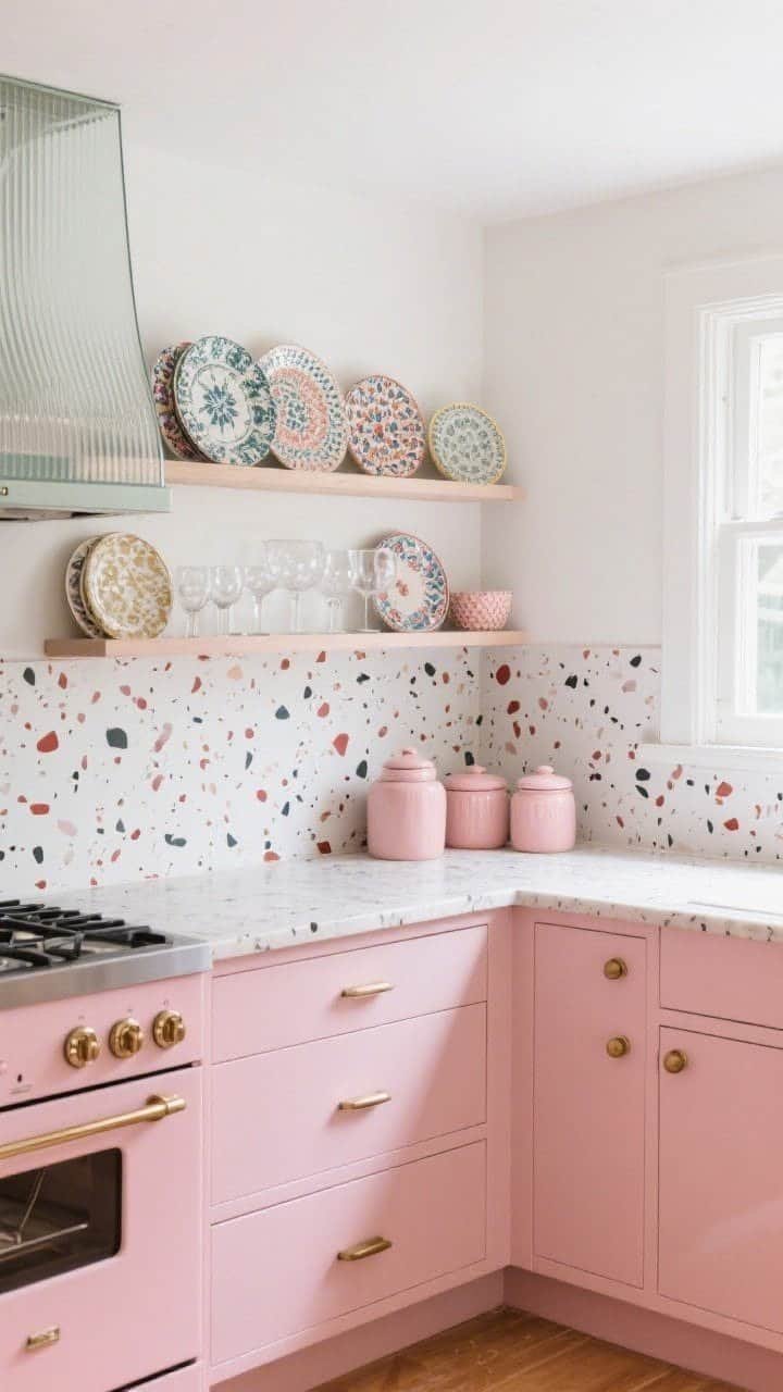 Medium kitchen — Pink terrazzo counters and full-height backsplash with white, rouge, and charcoal chips; matte blush cabinetry with brushed brass pulls; cotton-candy retro appliances and a ribbed glass hood; open shelving stacked with mismatched patterned plates, bubble glassware, and rosy ceramic canisters; bright daylight streaming in, clean yet lived-in, photorealistic.