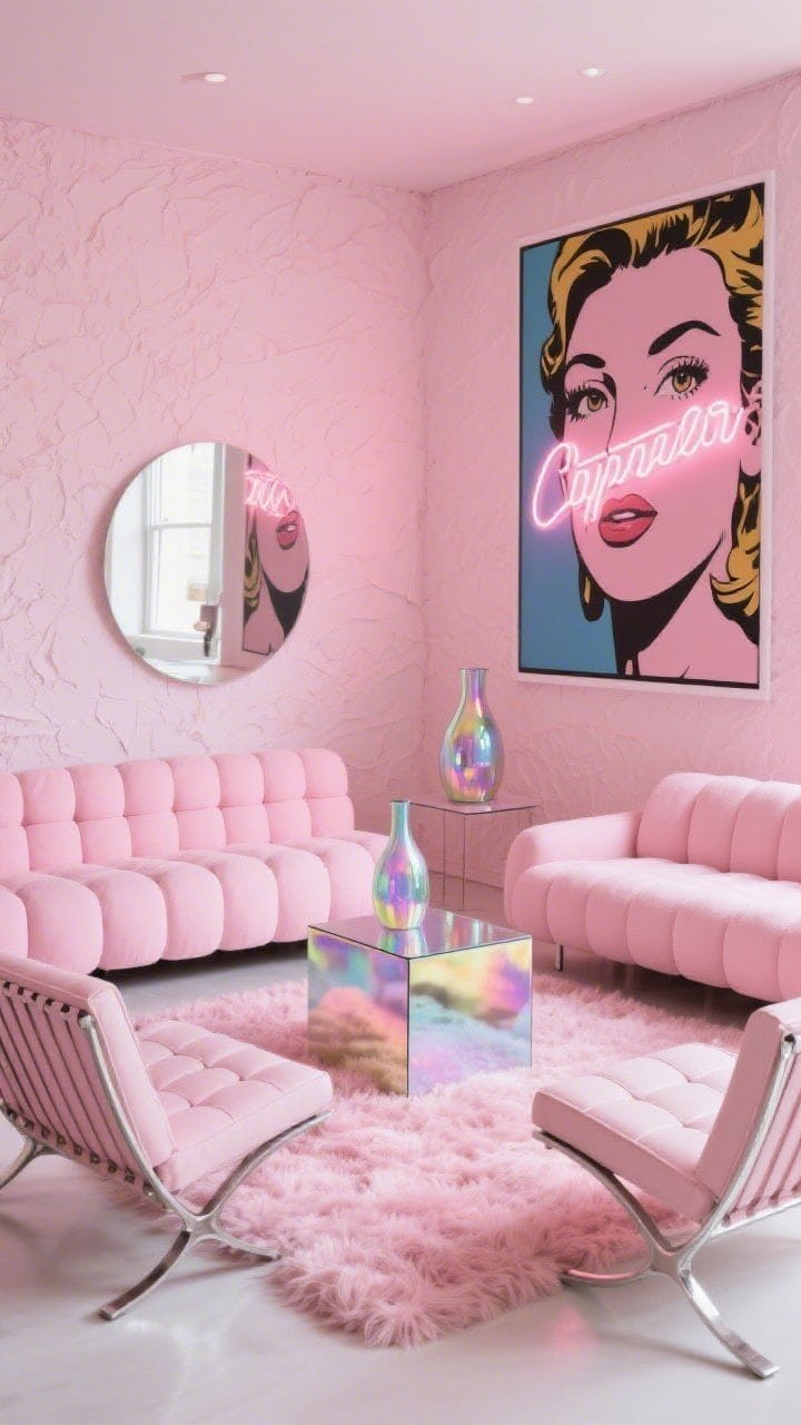 Medium living room corner — Cotton-candy pink modular, pillowy sofa opposite a mirror-cube coffee table; chrome-legged lounge chairs bringing Space Age flair; soft pink-on-plaster textured walls; oversized pop art on the wall; shaggy blush rug; a neon script sign and iridescent glass vases catching reflections; balanced natural and neon glow, photorealistic.