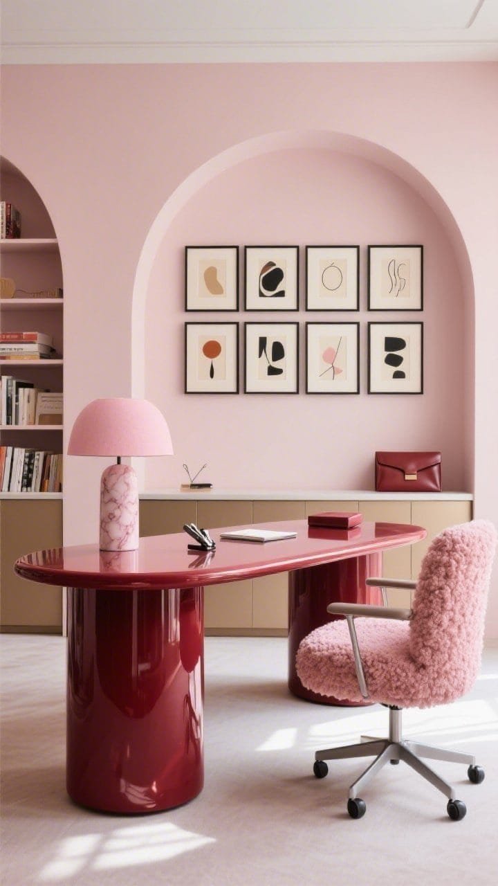 Medium office scene — Soft blush walls with a curved high-gloss burgundy desk front and center; boucle rose swivel chair tucked in; arched bookcases adding sculptural curves; above a low credenza, a precise grid of framed abstracts with cream mats and black frames; desktop styled with a pink marble lamp, sculptural stapler, and oxblood leather inbox; bright diffused daylight, clean maximalist sophistication.