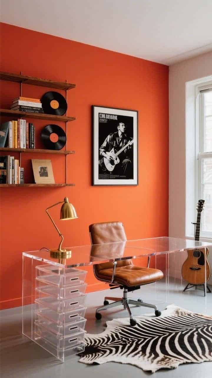 Medium office shot, straight-on: Walls painted saturated persimmon create a bold backdrop. A clear lucite waterfall desk floats in the center, catching reflections. Behind it, a wall of walnut shelves displays books, vinyl records, and a sculptural brass desk lamp. On the floor, a zebra cowhide rug adds dynamic stripes. A large black-and-silver band poster is framed cleanly on the wall. A cognac leather swivel chair anchors the desk. Smoked acrylic stacked inbox trays provide order. A slim guitar stand waits by the window. Palette: persimmon, cognac, walnut, brass, clear lucite. Photorealistic, balanced daylight with warm lamp accent.