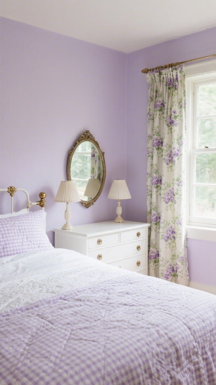 Medium, polished cottage bedroom vignette: soft lilac-painted walls like morning light; bed dressed in lilac-and-white micro-gingham sheets with a quilted white coverlet; petite bedside lamps with pleated lampshades and antique brass hardware accents on a white dresser; floral drapes with hints of lavender and sage framing a window; vintage-style oval mirror above the dresser; gentle daylight, slightly angled view.