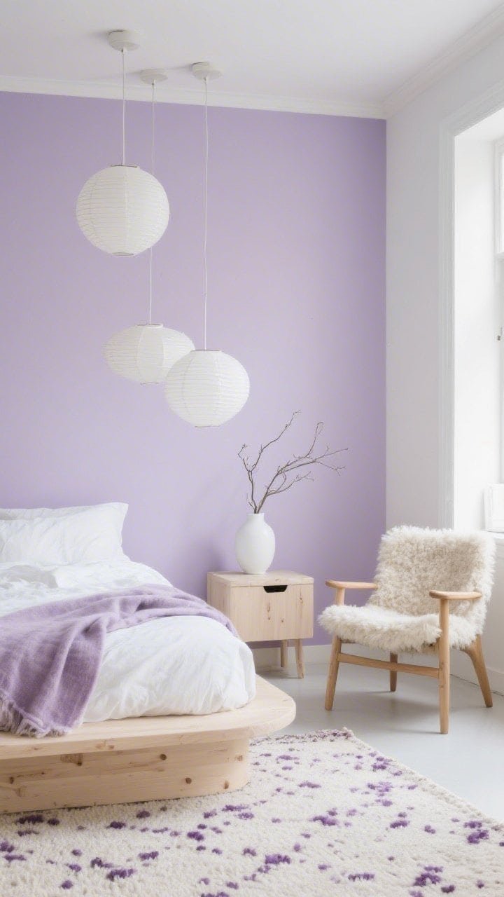 Medium Scandinavian setup: barely-there lilac walls, light birch platform bed with rounded edges; bed dressed in cloud-white linen and a mottled lilac throw; paper lantern pendants overhead; a shearling accent chair beside the bed; flatweave rug with subtle purple flecks; matte white vase holding a simple branch arrangement on a low birch nightstand; clean daylight, calm and airy, slight corner angle.