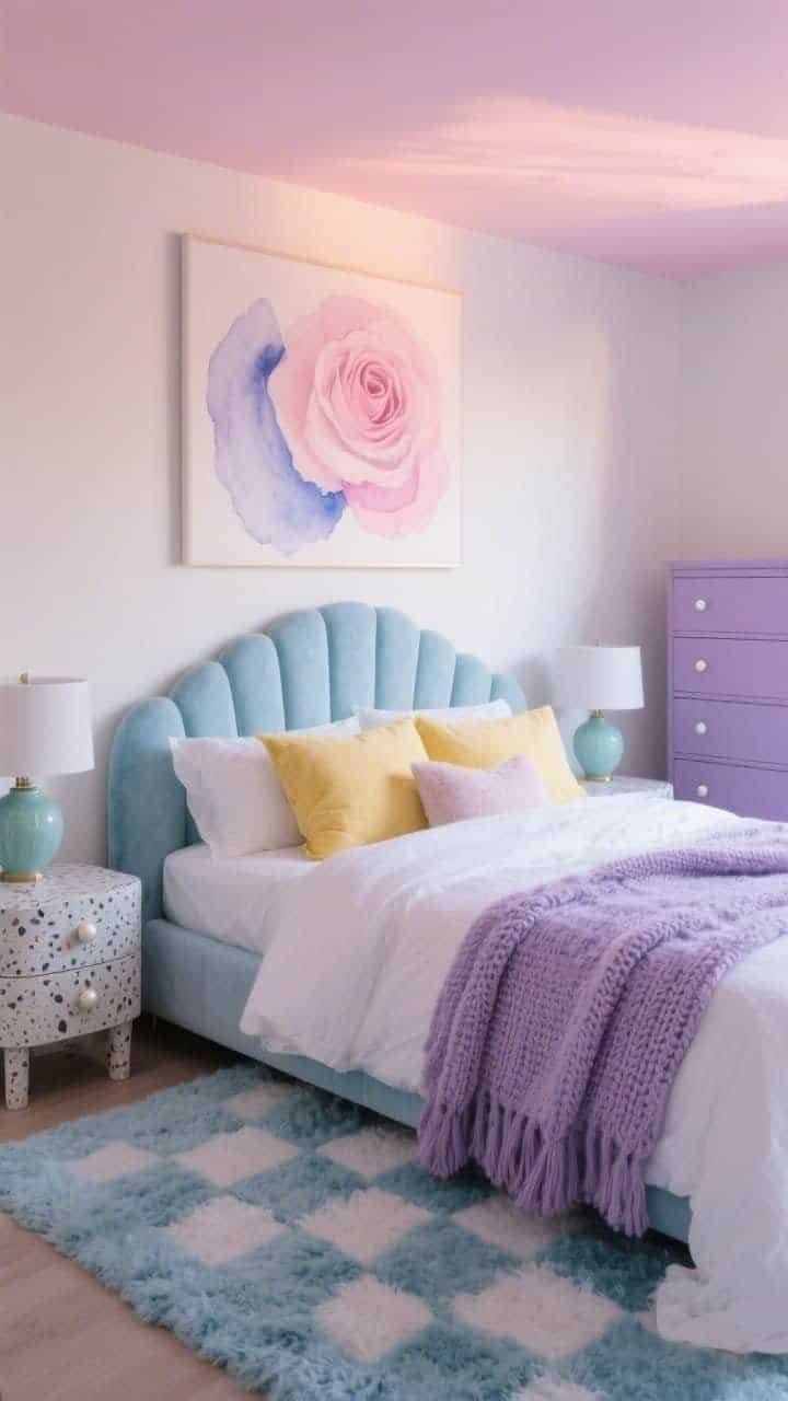 Medium shot, Cloud Candy bedroom. A powder-blue curved velvet headboard with marshmallow-white linen bedding layered with lavender knit throws and butter-yellow shams. Above the bed hangs a large abstract canvas in watercolor blush and periwinkle. Rose terrazzo nightstands with mint ceramic lamps on each side. Pale pink ceiling catching dusk glow, ice-blue plush shag rug with faint checkerboard visible at the bed’s edge, pearlized knobs on a lavender dresser in background. Soft evening light, cozy textures, corner angle.
