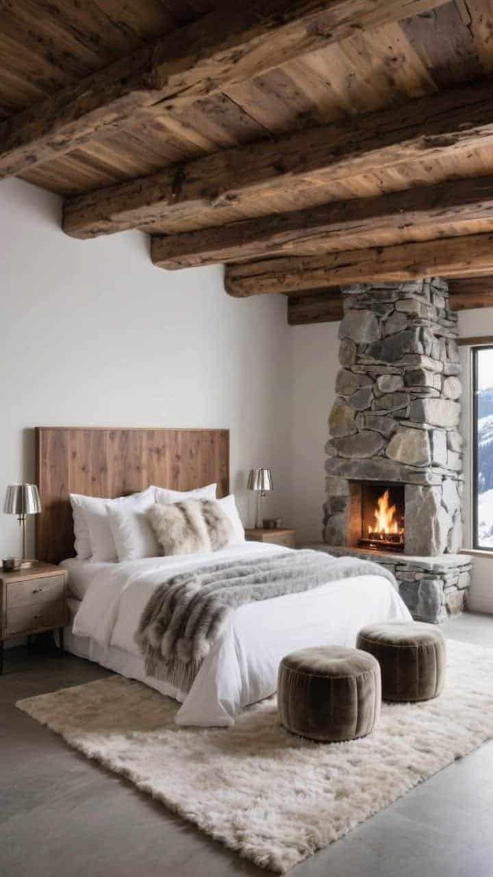 Medium shot focused on bed and fireplace: alpine luxe with rough-hewn beams overhead, smooth walnut headboard wall, bed in crisp white percale piled with shearling pillows, faux-fur throw, and dove-gray wool blankets; brushed nickel sconces beside upholstered nightstands; across from bed, a dramatic stacked-stone fireplace; pale high-pile rug and small velvet ottomans; plush, high-altitude retreat ambiance with firelight.