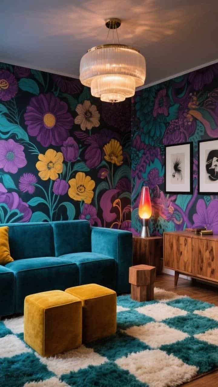 Medium shot from a low angle: A psychedelic den with wall-to-wall full mural wallpaper of abstract florals in plum, teal, and saffron. Low, blocky modular sectional in deep teal velvet with cube ottomans in saffron corduroy. A checkerboard shag rug in cream and teal adds plush texture. Overhead, a tiered opal glass chandelier glows softly. A pine credenza grounds the scene with warm wood grain. On a chunky side table, an oversized lava lamp bubbles; nearby, surrealist prints in simple black frames. Palette: plum, teal, saffron, cream, pine. Photorealistic, moody evening light.