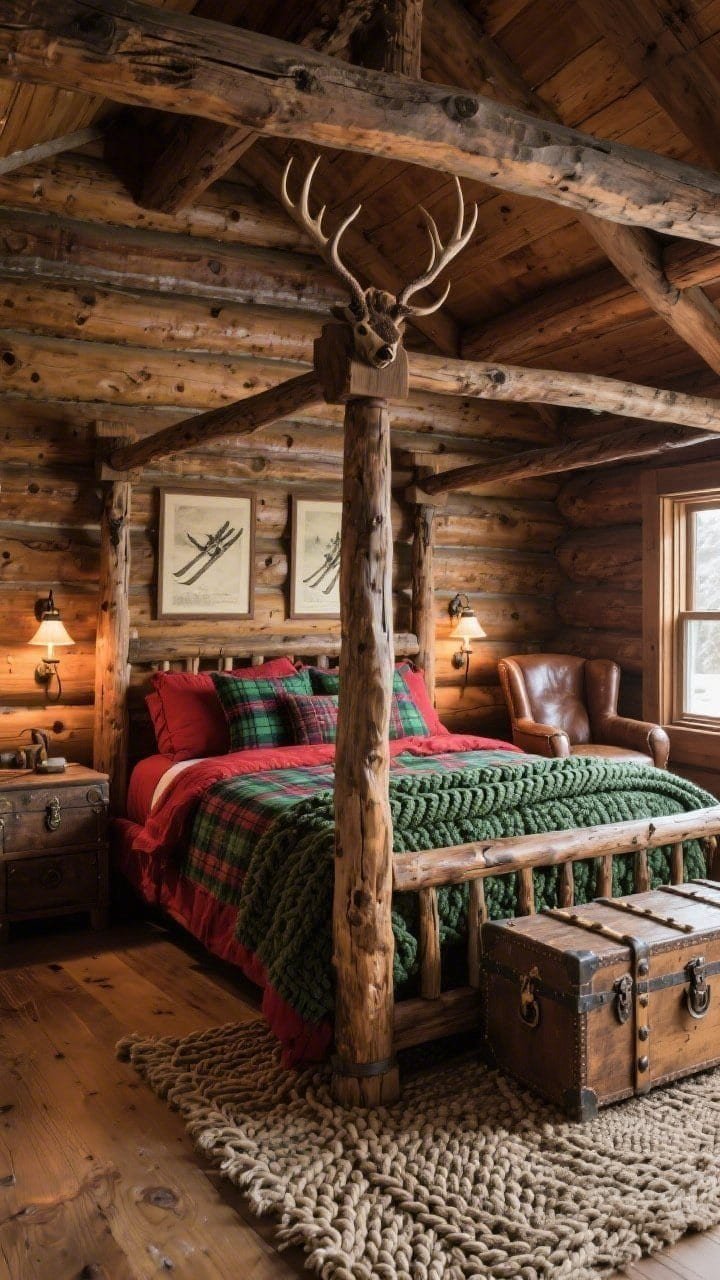 Medium shot from corner: heritage lodge bedroom with knotty pine walls, towering distressed walnut four-poster bed dressed in red-and-forest-green tartan layers and a chunky cable-knit throw, antique ski prints flanking the bed, antler sconces casting warm light onto rugged trunk-style nightstands, vintage leather club chair by the window, braided wool rug tying the palette; cozy, classic cabin mood.