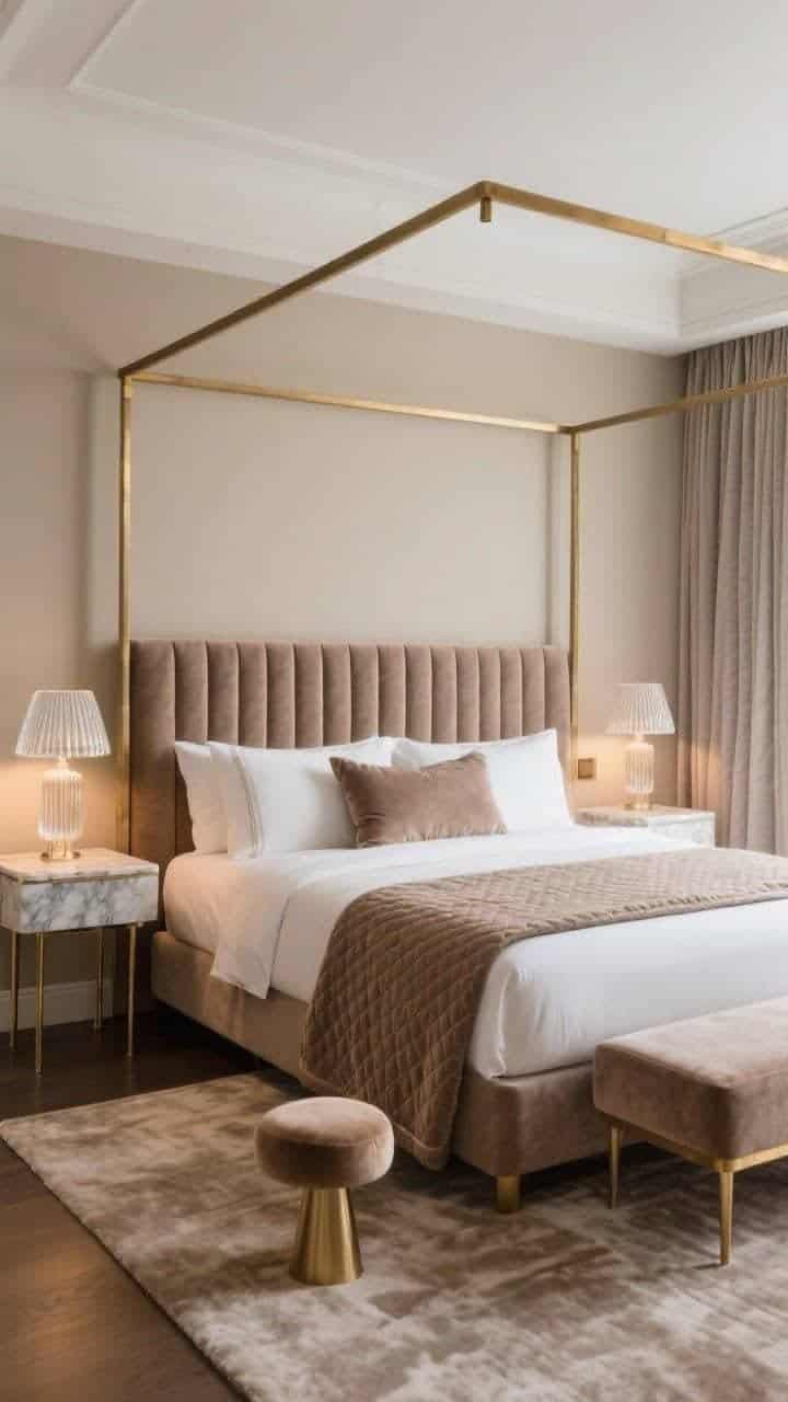 Medium shot from foot of bed, Quiet Luxe Hotel: warm greige walls, white ceiling; full-width taupe velvet channel-tufted headboard; plush tone-on-tone cut-pile rug; sleek brass canopy frame around the bed—slender and refined—as the statement element; marble-topped nightstands with thin brass legs and fluted glass lamps; bedding with high-thread-count white sheets, a taupe quilt, and silk-trim pillow shams; floor-to-ceiling ripple-fold sheers layered behind blackout panels; a petite mushroom-suede ottoman at the foot; evening ambient lighting with a soft metallic gleam, polished yet calm, photorealistic.