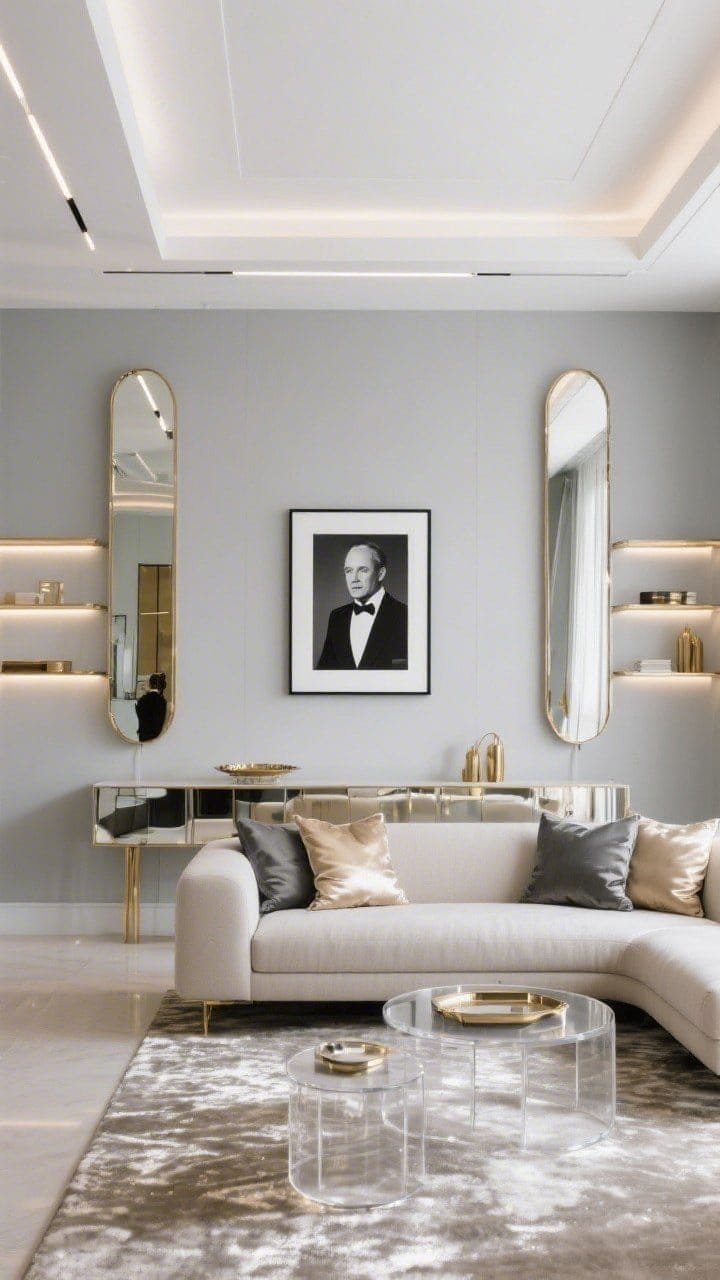 Medium shot, Glam Mirror Minimal: refined living wall with a crisp white ceiling, cool gray walls, and polished brass accents; super-slim LED ceiling panel; pair of tall, narrow mirrors flanking the scene to visually double height; LED light strips on top of shelves skimming light across the ceiling plane; sleek waterfall console with mirror-trimmed tray, acrylic nesting tables, low tuxedo sofa; shimmering viscose rug and satin-finish pillows in champagne and graphite; one oversized black-and-white art print with wide mat; glossy, luxe mood, photorealistic, straight-on composition.