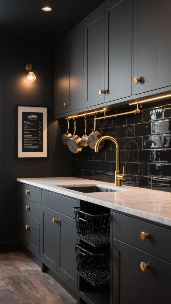 Medium shot, Moody Noir with Brass Accents: deep charcoal lower cabinets, soft gray uppers, brushed brass knobs, slim brass pot rail with a few hanging pans, warm white quartz-look laminate counters, glossy dark backsplash (peel-and-stick shine), brass gooseneck faucet, black wire baskets on counter, concealed trash pull-out hinted by a seamless panel, framed black-and-white menu art on wall; warm ambient lighting for boutique glow, polished and cozy mood, photorealistic.