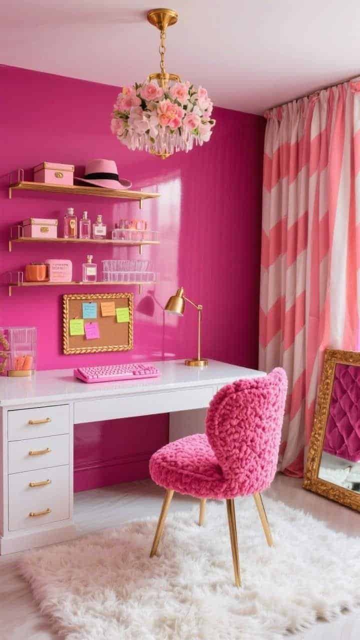 Medium shot of a Barbiecore glam office, centered on a lacquered white Parsons desk against glossy fuchsia walls: a sculptural hot-pink boucle chair pulled up, floor-to-ceiling candy-striped drapes elevating the height, a bold floral chandelier overhead, gold-bracket open shelving styled with hat boxes, perfume bottles, and acrylic organizers full of neon sticky notes; slim brass desk lamp, pink keyboard, corkboard framed in gilded bamboo; shaggy white rug underfoot, mirrored side cabinet, plush velvet pinboard; brass hardware, hints of coral; crisp studio lighting that shows high shine; photorealistic, unapologetically girly and productive.