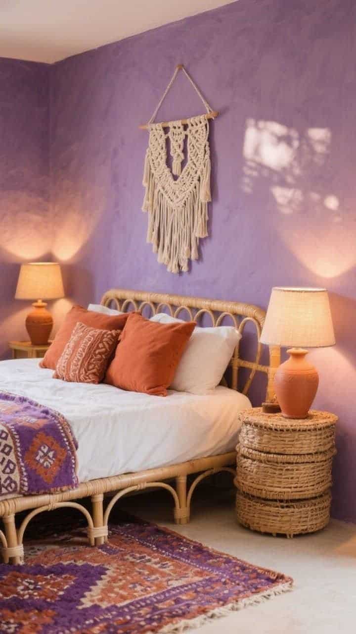 Medium shot of a cozy boho bedroom corner: soft plum feature wall behind a low-profile rattan bed, layered with terracotta throw pillows and a clay-toned lumbar cushion; cream macramé wall hanging above the headboard; patterned Moroccan rug in mauve and rust underfoot; terracotta ceramic lamps with warm linen shades glowing softly; stacked woven baskets used as a nightstand; angled corner perspective, golden-hour light.