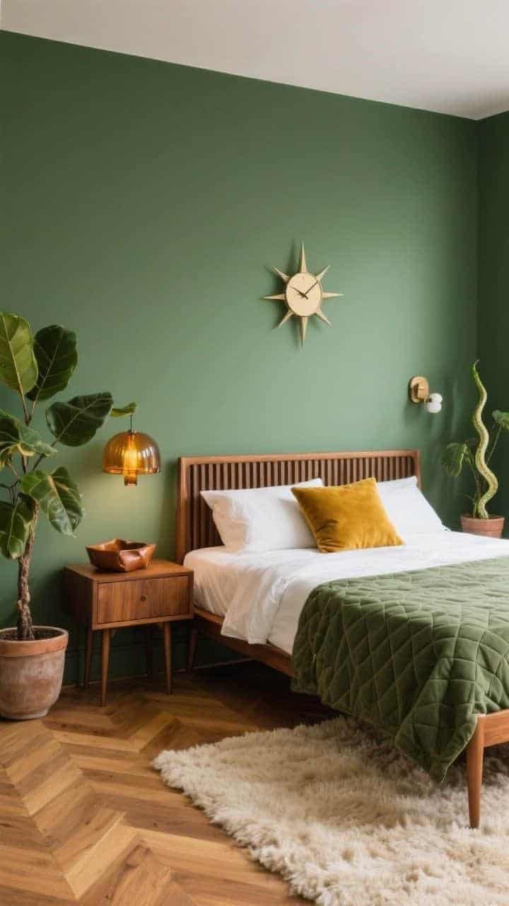 Medium shot of a mid-century inspired bedroom in smooth moss green walls; a slatted walnut/teak headboard with tapered legs, dressed in white percale sheets, a moss coverlet, and a geometric bolster; color pops from a mustard velvet pillow, caramel leather catchall on the nightstand, and an amber glass lamp; a starburst clock and coordinating sconce nod to the era; herringbone wood flooring with a plush cream shag rug; planters with rubber tree and snake plant add sculptural greenery; warm, retro glow, photorealistic.