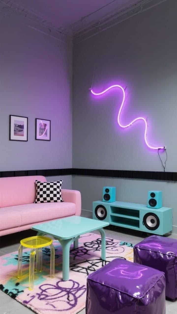 Medium shot, Pastel Punk lounge. Powder grey walls grounding a bubblegum-pink sofa. A mint metal coffee table and lemon acrylic side tables. Neon tubing art in electric violet tracing a wavy line on the wall. Checkerboard pillows and a graffiti-style pastel rug for edgy contrast. Black picture rails interrupting the sweetness, patent-lilac ottomans adding shine. Retro powder-blue speakers flank a low console. Moody, slightly dimmed lighting with neon glow accents, angled perspective for attitude.
