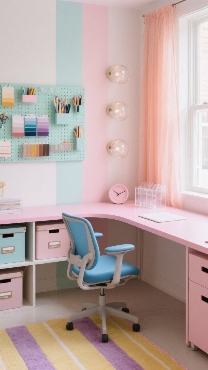 Medium shot, Pastel studio office. Powder-pink desk with rounded corners paired with a sky-blue ergonomic chair. Mint pegboards above organizing tools and swatches in neat color-coded arrays. Striped rug in custard and lilac underfoot. Open shelving with boxed files in soft hues. Sheer peach curtains filtering warm daylight at the window. A wide vertical accent stripe in two pastels on one wall, trio of frosted globe sconces for even glow, desktop styled with a pastel clock and clear acrylic organizers. Clean, productive mood, angled perspective.