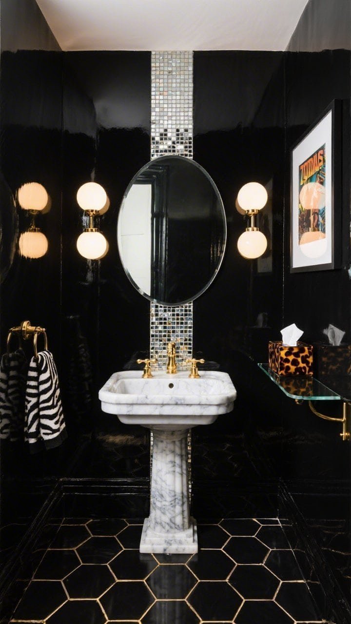 Medium shot, straight-on powder room: Black lacquer walls with a high-gloss sheen reflect a petite marble pedestal sink fitted with brushed gold faucets. A vertical stripe of mirror mosaic tile runs behind a round mirror, adding disco sparkle. A compact trio of globe sconces bounces light across the glossy surfaces. Black tiny hex floor tiles with gold grout shimmer subtly. Style with a zebra-print hand towel and a tortoiseshell resin tissue box on a slim shelf. A framed 70s album cover hangs as art. Palette: black, gold, marble white, smoke mirror. Photorealistic, high-contrast lighting.