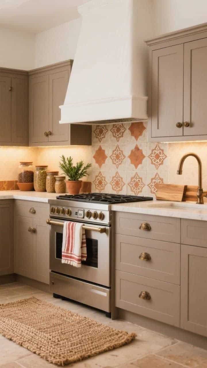 Medium shot, Warm Terra-Cotta Mediterranean: soft white walls, warm taupe cabinets with antique bronze hardware, patterned peel-and-stick tile feature behind the range showcasing terra-cotta accents, creamy stone-look laminate counters, curved faucet, olive wood boards layered against backsplash, ceramic spice jars clustered, woven jute rug underfoot, rust-striped tea towels, small potted rosemary and basil; warm LED under-cabinet lighting, sun-kissed cozy mood, photorealistic.