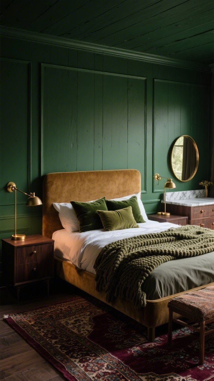 Medium straight-on view: moody forest green room with walls, trim, and shiplap all wrapped in deep forest green, aged brass hardware accents, camel velvet headboard glowing in low light, dark walnut nightstands with brass swing-arm lamps, moss-toned velvet pillows and chunky knit blankets on the bed, Persian-style rug with deep maroon accents, marble-topped dresser and round brass mirror completing luxe-cabin vibe; intimate, warm illumination.