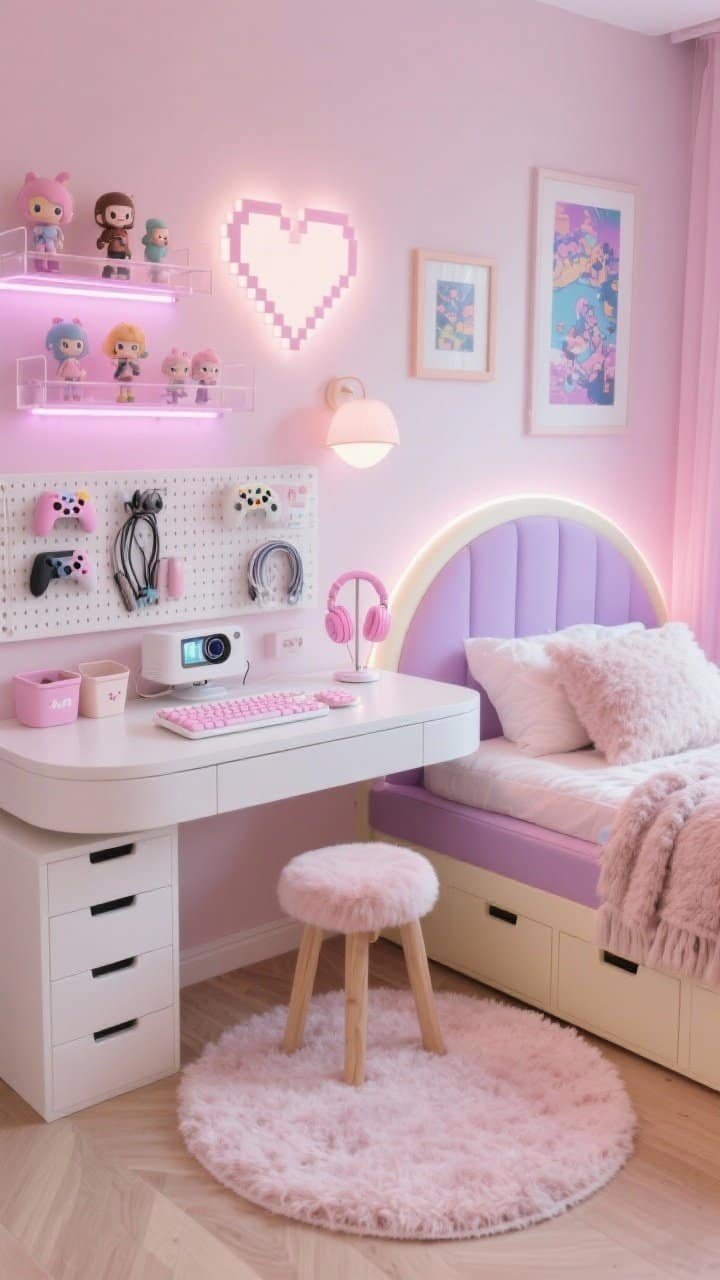 Medium straight-on view: Pastel Kawaii cocoon desk-and-bed zone in blush, lilac, and buttercream with white lacquer and pale maple; daybed with storage drawers and plush/sherpa throws; curved-edge desk with a small vanity stool tucked under; pixel-style wall lights above the desk, a heart-shaped lamp on the nightstand, pastel reactive LED strips tucked under shelving; acrylic floating shelves displaying figurines, framed game art; fluffy round rug anchoring the desk area; white compact keyboard with pastel PBT caps, pink headset on a tiny stand, mini projector on a shelf for bed-friendly movie mode; pegboard over the desk holding controllers, cables, and cute bins; soft, candy-colored glow, photorealistic.