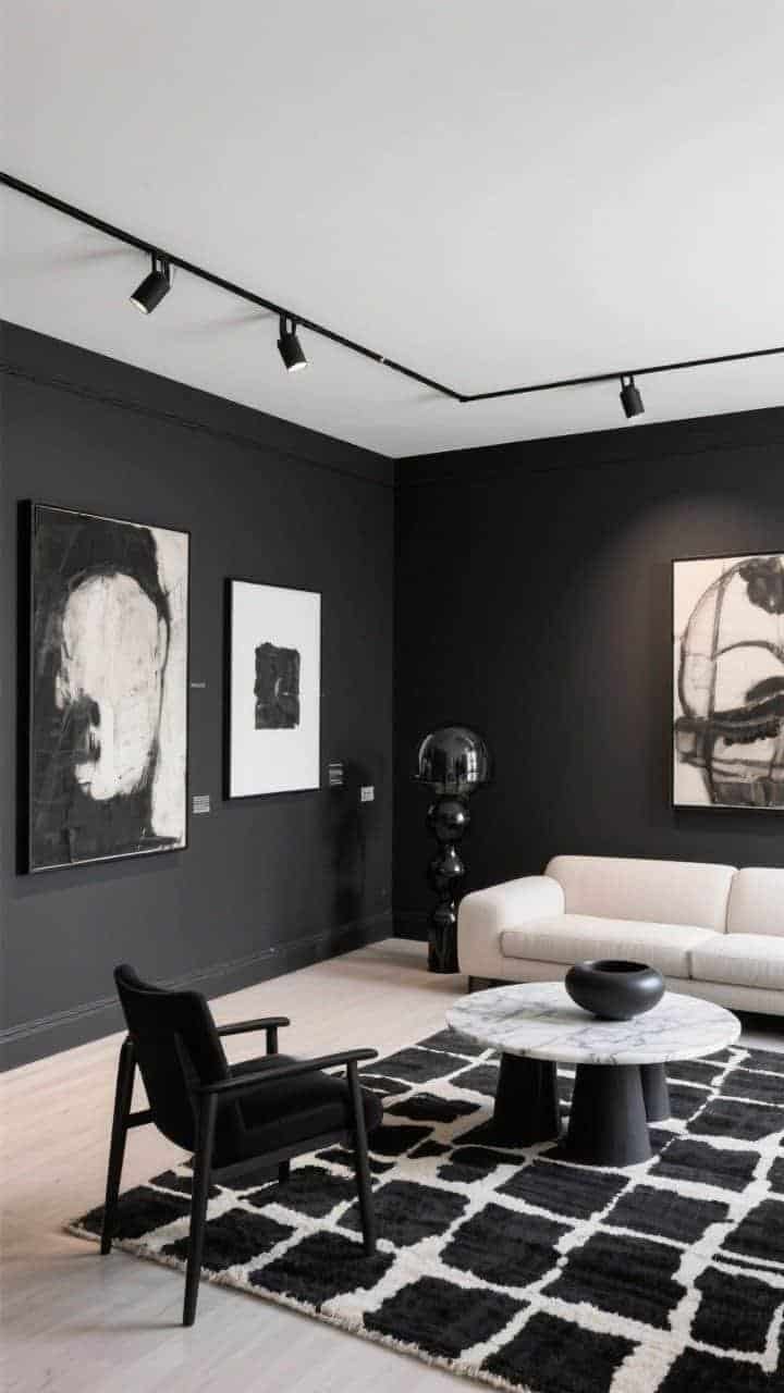 Medium-to-wide gallery wall shot, Monochrome Gallery Stretch: dramatic space with deep charcoal walls and trim contrasted by a clean white ceiling that appears to float; flush black track light washing the ceiling and spotlighting art; gallery rails holding a few oversized pieces to pull the gaze upward; slim black-legged sofa with light upholstery, marble pedestal table, sculptural side chair; graphic black-and-ivory flatweave rug; satin black hardware, smoked glass accents, matte ceramics; moody yet refined lighting, photorealistic, slightly off-center perspective to emphasize vertical contrast.
