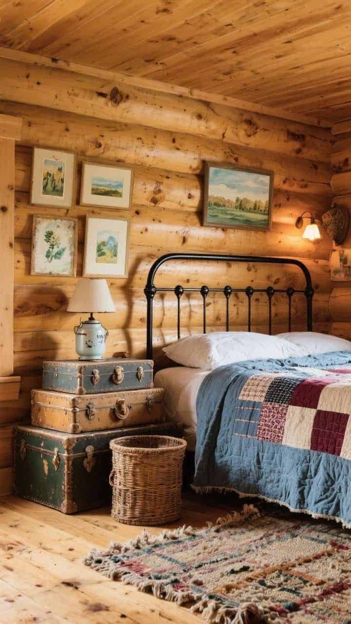 Medium vignette: vintage cabin chic with honey-toned tongue-and-groove walls, matte black spindle bed dressed in a faded blue-and-burgundy patchwork quilt, stacked vintage trunks as a nightstand holding enamelware lamp, mismatched framed watercolors on the wall, rag rug underfoot and wicker hamper nearby; collected-over-decades feel, warm incandescent glow.