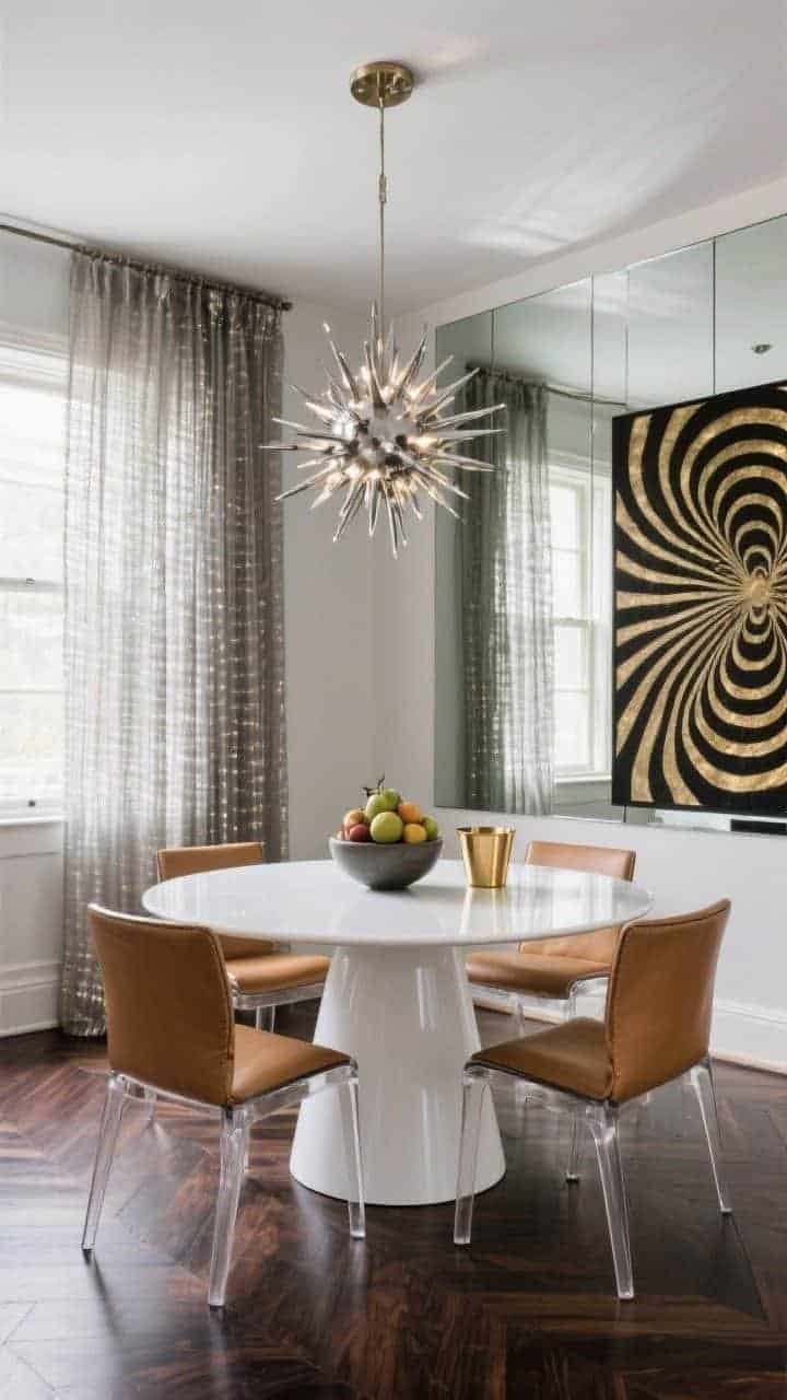 Medium-wide dining room, corner angle: A glossy white lacquer round pedestal table surrounded by smoke-lucite cantilever chairs with camel leather seats. One wall is fully mirrored, doubling the room’s light and depth. Overhead, a metallic Sputnik chandelier sparkles, casting starburst reflections on dark-stained parquet floors. Metallic-thread sheers filter daylight on the windows. Table styling: oversized ceramic fruit centerpiece and a brass ice bucket. On an adjacent wall, a black-and-gold op-art print. Palette: white lacquer, camel, smoke, mirror, deep walnut. Photorealistic, late-afternoon light with chandelier on.