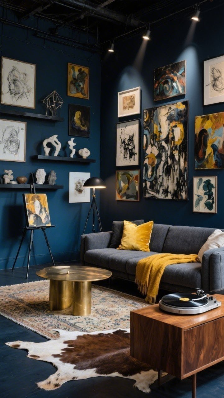 Medium-wide, Ink-Soaked Art Loft: blue-black walls with a dense salon wall of oils, abstracts, sketches, and a textile stretched like a painting; charcoal modular sofa; patinated brass coffee table; floating plinth shelves with sculptural objects; a black steel easel lamp spotlighting one featured artwork; overlapping rugs—faded Persian partially over a cowhide; restrained color sparks via citrine pillows and a marigold throw; vintage turntable on a walnut credenza; dramatic gallery lighting with focused beams.